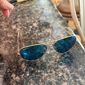 Ray-Ban Gold Frame Sunglasses with Deep Blue Lenses